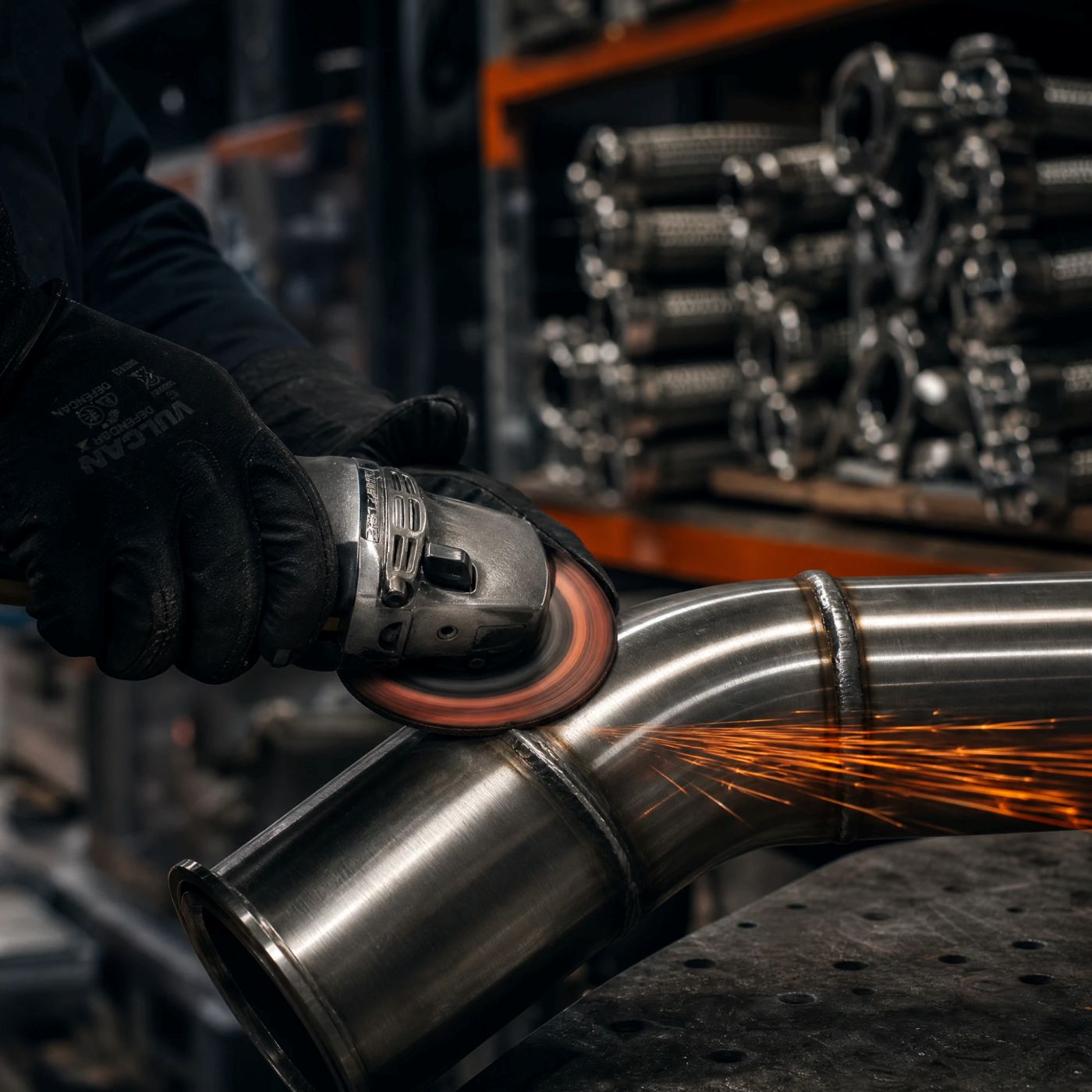 Finishing a stainless-steel pipe weld with a grinder, braided hoses on the shelf behind