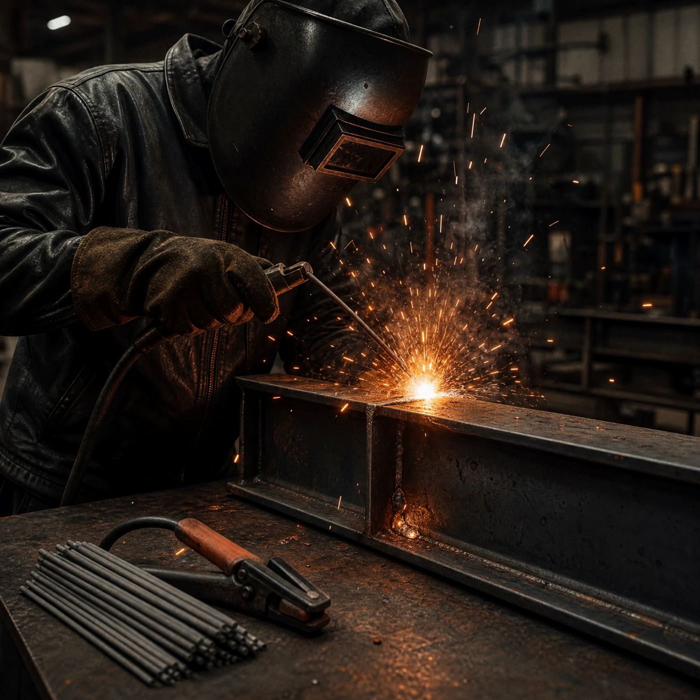 A welder stick-welding a steel beam in a fabrication shop, sparks flying
