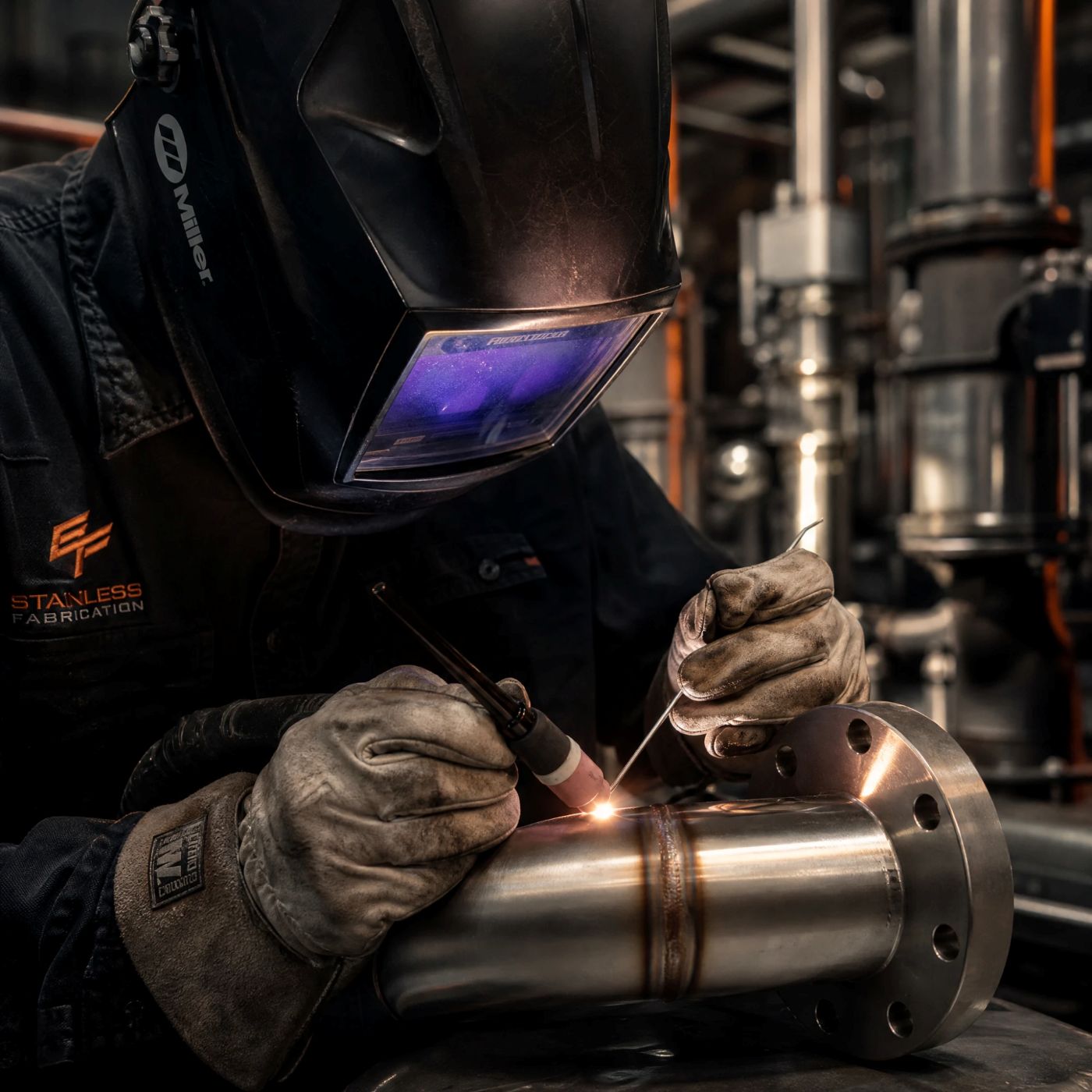 A welder TIG-welding a stainless-steel pipe flange