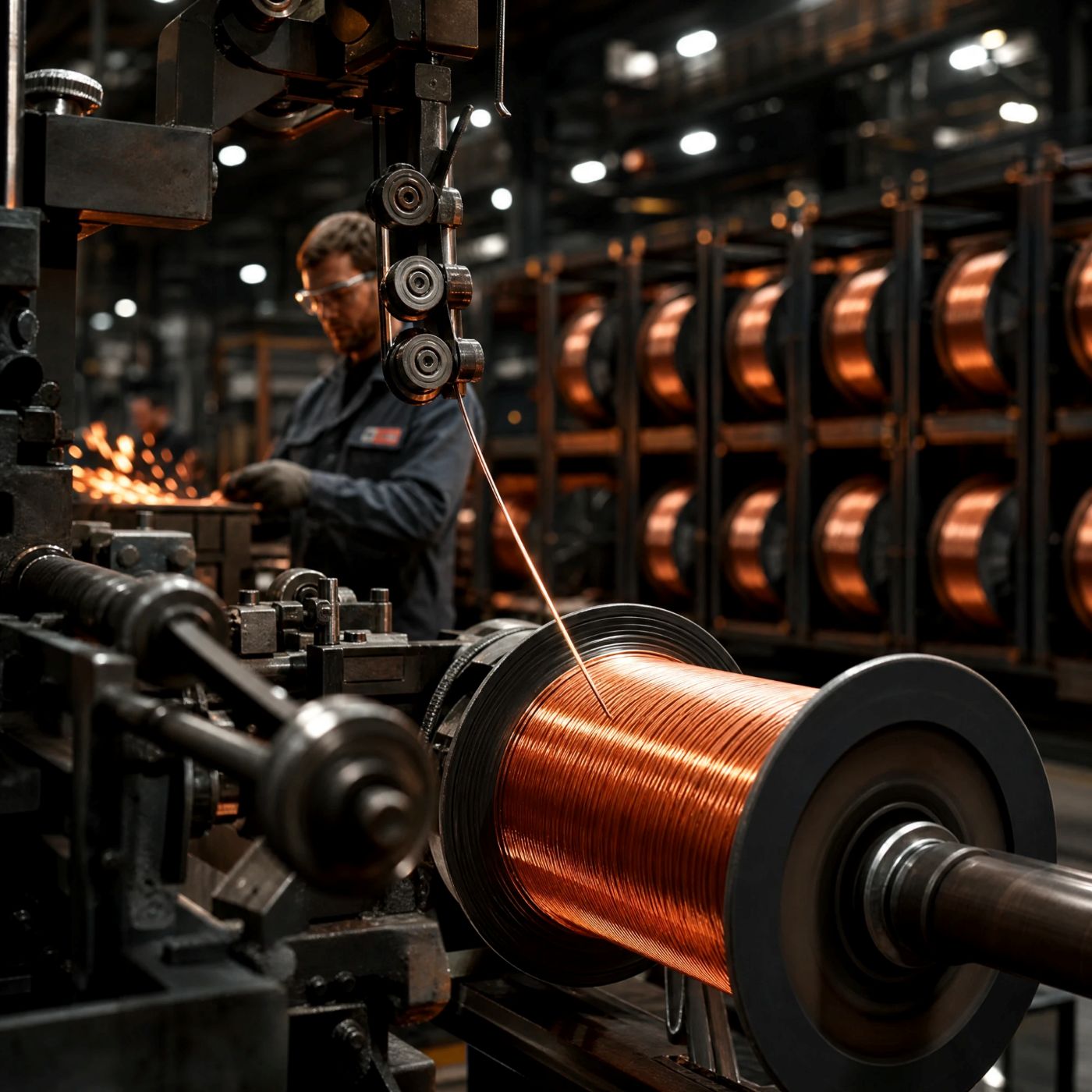 Copper-coated welding wire winding onto a spool in a wire factory
